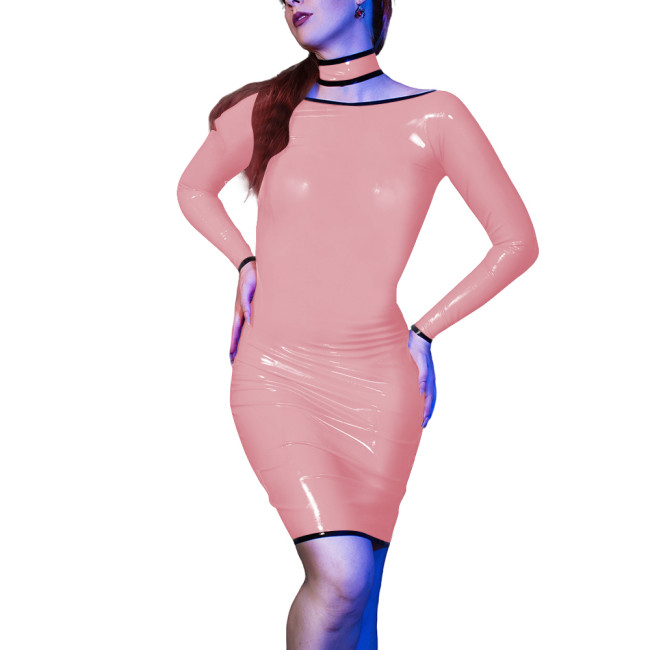 Sexy Evening Party Skinny Mini Dress for Womens Vinyl Long Sleeve PVC Leather Slim Fit Dress Sissy Bodycon Elegant Club Vestido