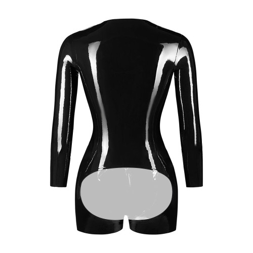 Exotic Sexy Open Crotch PVC Patent Leather Rompers Erotic Deep V-Neck Criss-Cross Lace-Up Bodysuit Long Sleeve Crotchless Zentai