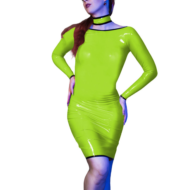 Sexy Evening Party Skinny Mini Dress for Womens Vinyl Long Sleeve PVC Leather Slim Fit Dress Sissy Bodycon Elegant Club Vestido