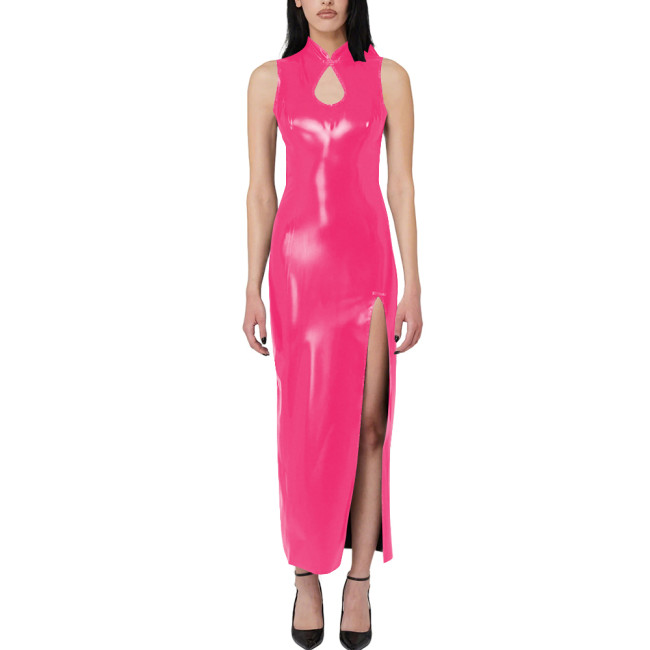 Women's Solid Party Slim Long Dress Wet Look PVC Leather High Slit Cut-Out Maxi Dress Elegant Ladies Night Club Outfits Clubwear