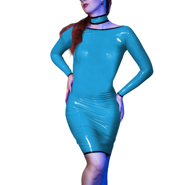 Sexy Evening Party Skinny Mini Dress for Womens Vinyl Long Sleeve PVC Leather Slim Fit Dress Sissy Bodycon Elegant Club Vestido
