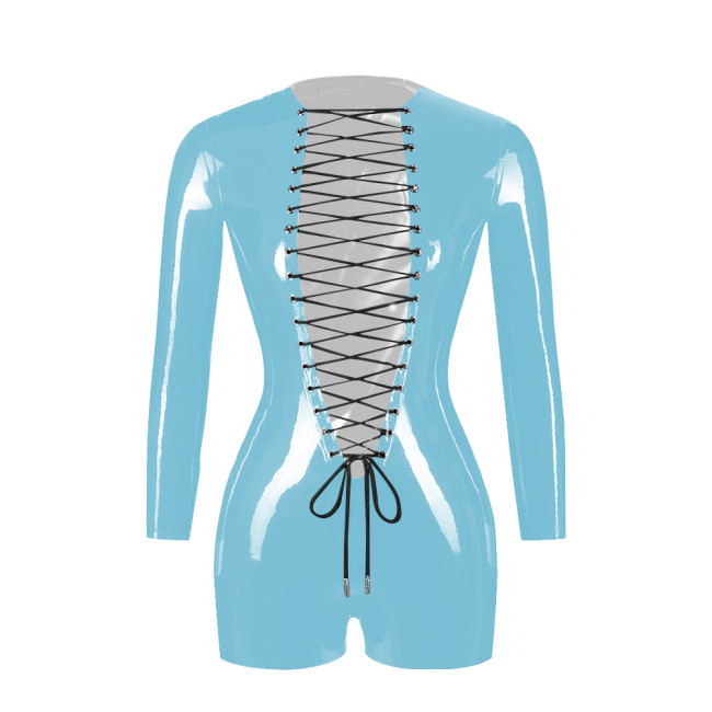 Exotic Sexy Open Crotch PVC Patent Leather Rompers Erotic Deep V-Neck Criss-Cross Lace-Up Bodysuit Long Sleeve Crotchless Zentai