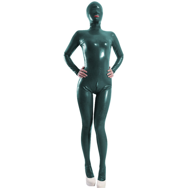 Exotic Sexy Full Body Women's Wet Look Catsuit PVC Shiny Leather Hood Open Mouth Rompers with Crotch Zipper Cosplay Bodysuit