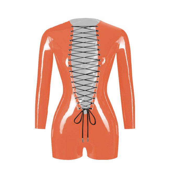 Exotic Sexy Open Crotch PVC Patent Leather Rompers Erotic Deep V-Neck Criss-Cross Lace-Up Bodysuit Long Sleeve Crotchless Zentai