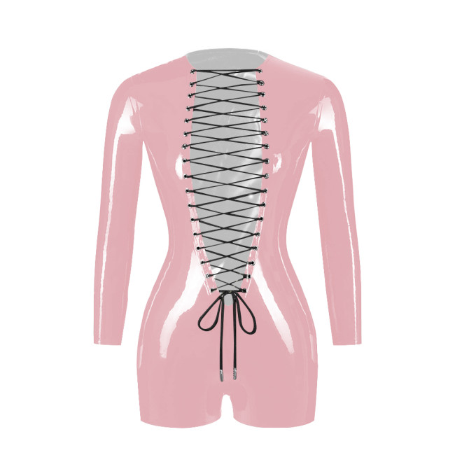 Exotic Sexy Open Crotch PVC Patent Leather Rompers Erotic Deep V-Neck Criss-Cross Lace-Up Bodysuit Long Sleeve Crotchless Zentai