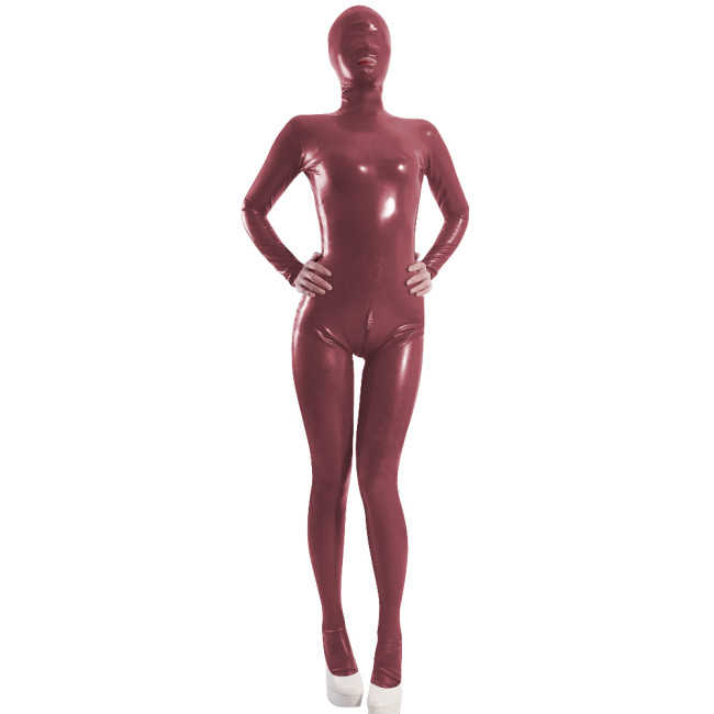 Exotic Sexy Full Body Women's Wet Look Catsuit PVC Shiny Leather Hood Open Mouth Rompers with Crotch Zipper Cosplay Bodysuit