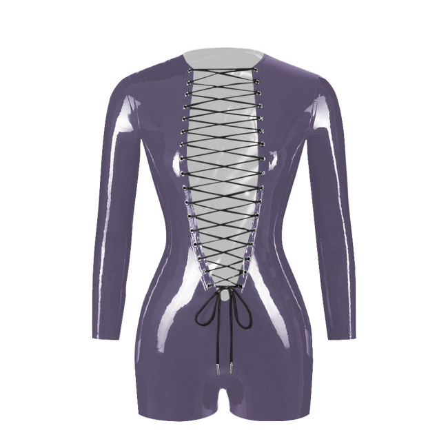 Exotic Sexy Open Crotch PVC Patent Leather Rompers Erotic Deep V-Neck Criss-Cross Lace-Up Bodysuit Long Sleeve Crotchless Zentai