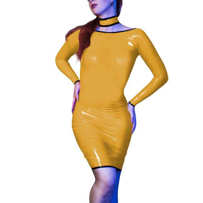 Sexy Evening Party Skinny Mini Dress for Womens Vinyl Long Sleeve PVC Leather Slim Fit Dress Sissy Bodycon Elegant Club Vestido