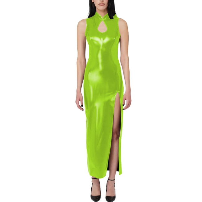 Women's Solid Party Slim Long Dress Wet Look PVC Leather High Slit Cut-Out Maxi Dress Elegant Ladies Night Club Outfits Clubwear