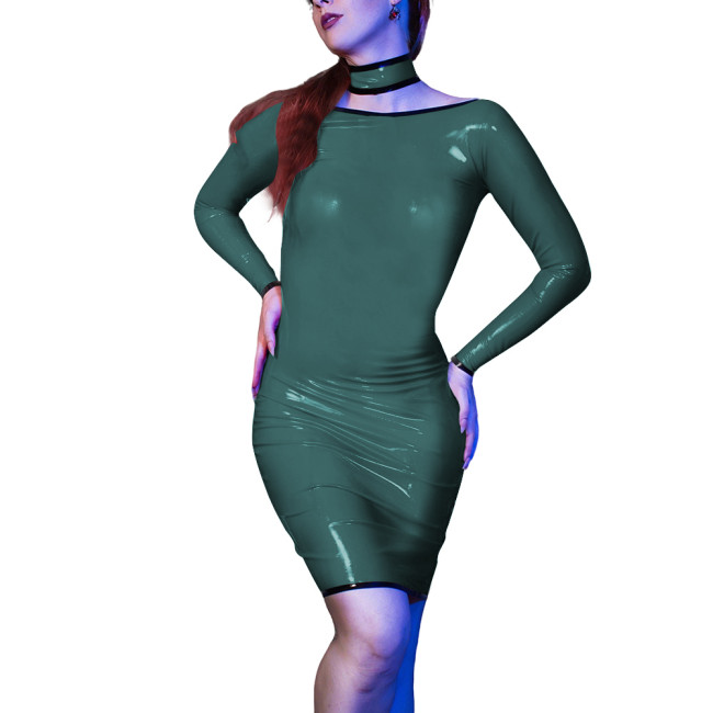 Sexy Evening Party Skinny Mini Dress for Womens Vinyl Long Sleeve PVC Leather Slim Fit Dress Sissy Bodycon Elegant Club Vestido