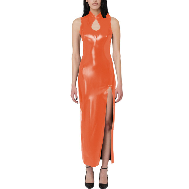 Women's Solid Party Slim Long Dress Wet Look PVC Leather High Slit Cut-Out Maxi Dress Elegant Ladies Night Club Outfits Clubwear