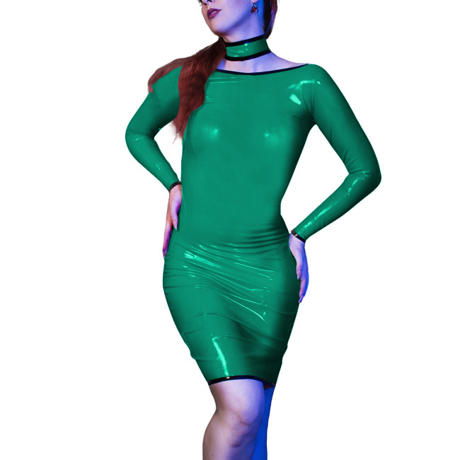 Sexy Evening Party Skinny Mini Dress for Womens Vinyl Long Sleeve PVC Leather Slim Fit Dress Sissy Bodycon Elegant Club Vestido