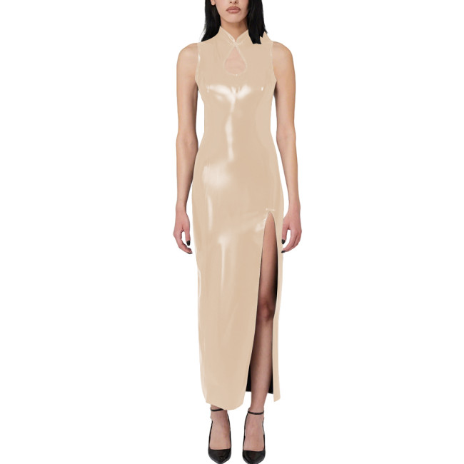 Women's Solid Party Slim Long Dress Wet Look PVC Leather High Slit Cut-Out Maxi Dress Elegant Ladies Night Club Outfits Clubwear