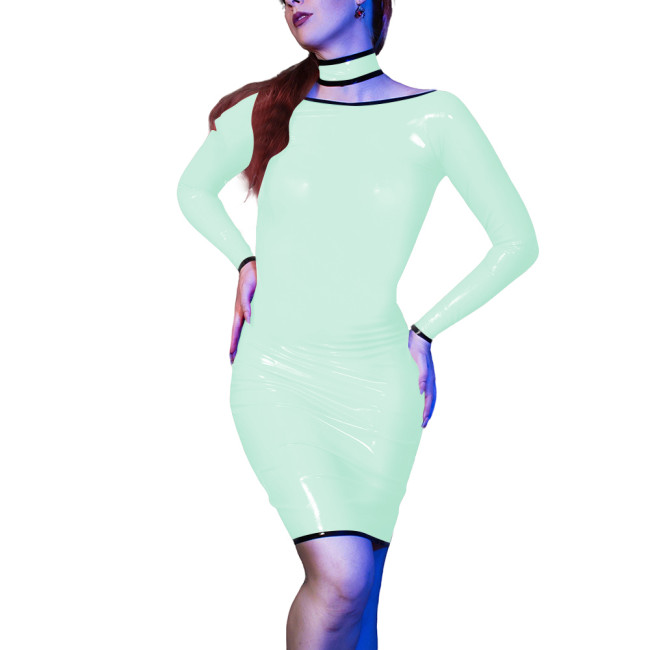 Sexy Evening Party Skinny Mini Dress for Womens Vinyl Long Sleeve PVC Leather Slim Fit Dress Sissy Bodycon Elegant Club Vestido