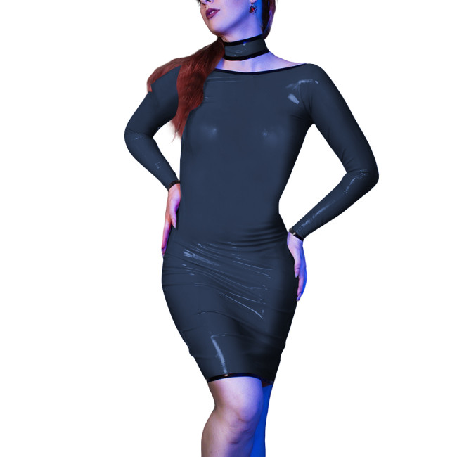 Sexy Evening Party Skinny Mini Dress for Womens Vinyl Long Sleeve PVC Leather Slim Fit Dress Sissy Bodycon Elegant Club Vestido