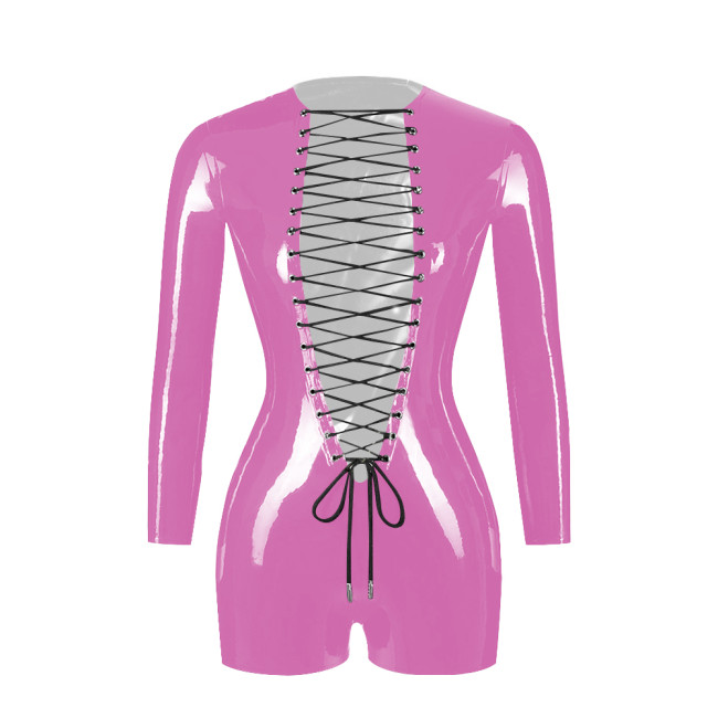 Exotic Sexy Open Crotch PVC Patent Leather Rompers Erotic Deep V-Neck Criss-Cross Lace-Up Bodysuit Long Sleeve Crotchless Zentai