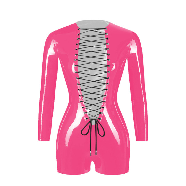 Exotic Sexy Open Crotch PVC Patent Leather Rompers Erotic Deep V-Neck Criss-Cross Lace-Up Bodysuit Long Sleeve Crotchless Zentai