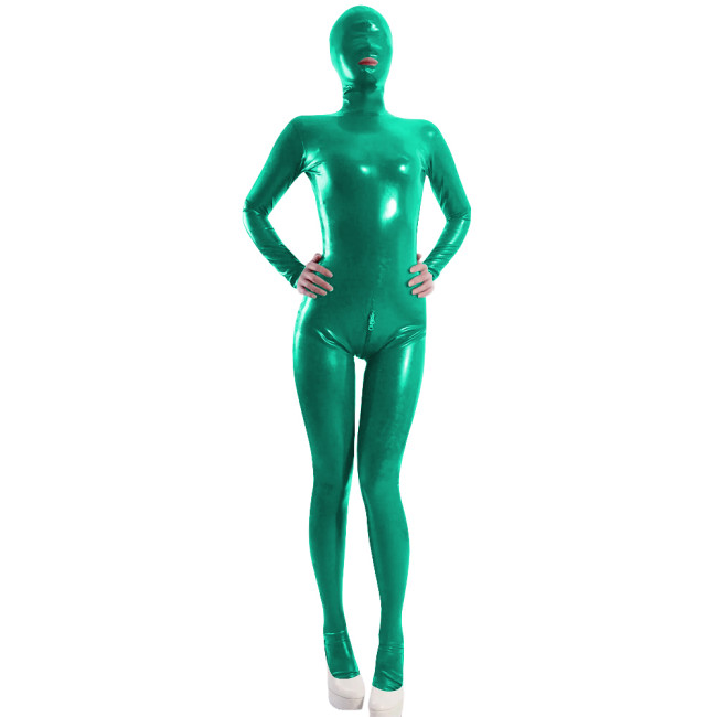 Exotic Sexy Full Body Women's Wet Look Catsuit PVC Shiny Leather Hood Open Mouth Rompers with Crotch Zipper Cosplay Bodysuit