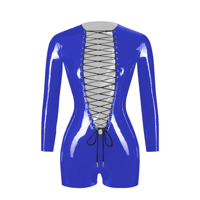 Exotic Sexy Open Crotch PVC Patent Leather Rompers Erotic Deep V-Neck Criss-Cross Lace-Up Bodysuit Long Sleeve Crotchless Zentai