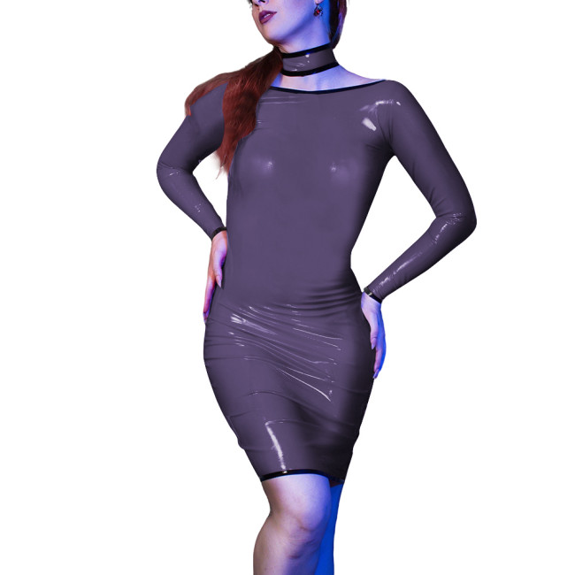 Sexy Evening Party Skinny Mini Dress for Womens Vinyl Long Sleeve PVC Leather Slim Fit Dress Sissy Bodycon Elegant Club Vestido