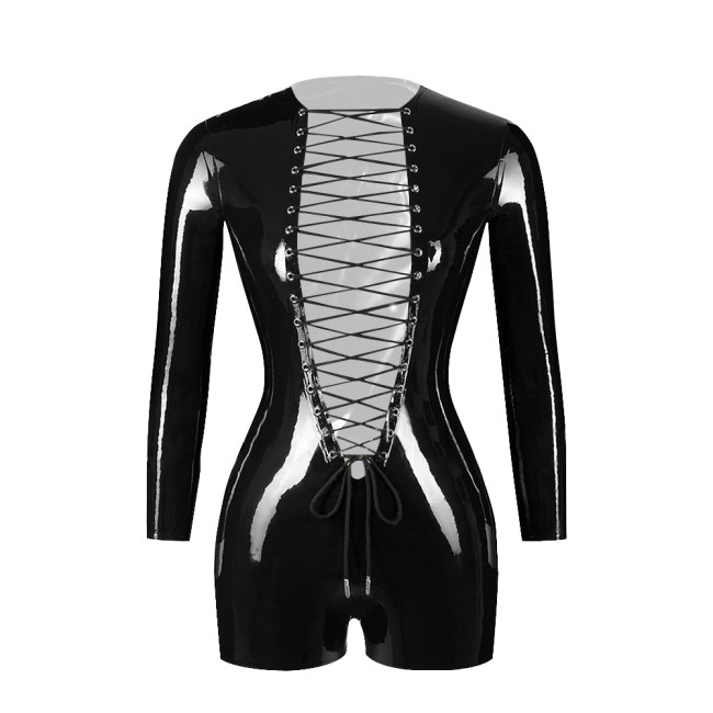 Exotic Sexy Open Crotch PVC Patent Leather Rompers Erotic Deep V-Neck Criss-Cross Lace-Up Bodysuit Long Sleeve Crotchless Zentai
