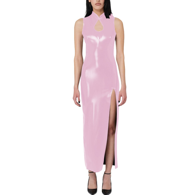 Women's Solid Party Slim Long Dress Wet Look PVC Leather High Slit Cut-Out Maxi Dress Elegant Ladies Night Club Outfits Clubwear