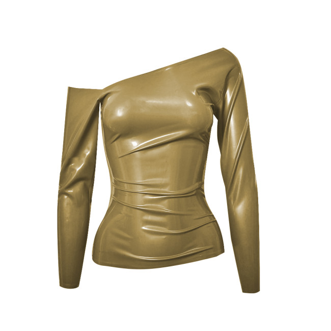 Fashion Slant Collar Off-Shoulder T-Shirt for Womens Glossy PVC Leather Long-Sleeved Hot Girl Style Club Tops Female Blouse