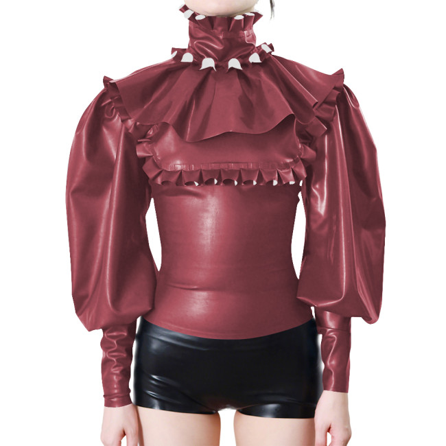 Elegant Ruffle Trimmed Long Sleeves Women's Blouse Raves Party Frill Turtleneck Slim PVC Vinyl Leather Shirts Halloween Costume