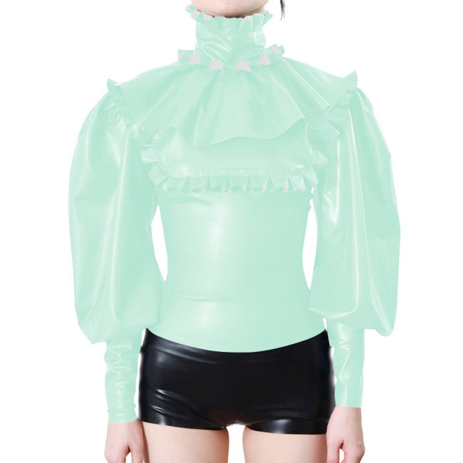 Elegant Ruffle Trimmed Long Sleeves Women's Blouse Raves Party Frill Turtleneck Slim PVC Vinyl Leather Shirts Halloween Costume