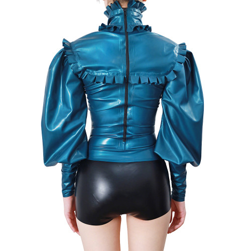 Elegant Ruffle Trimmed Long Sleeves Women's Blouse Raves Party Frill Turtleneck Slim PVC Vinyl Leather Shirts Halloween Costume