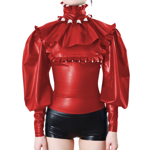 Elegant Ruffle Trimmed Long Sleeves Women's Blouse Raves Party Frill Turtleneck Slim PVC Vinyl Leather Shirts Halloween Costume