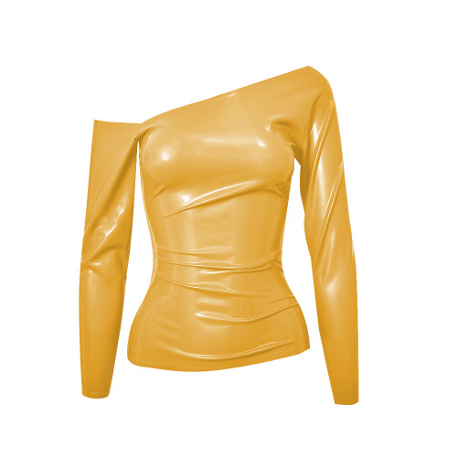 Fashion Slant Collar Off-Shoulder T-Shirt for Womens Glossy PVC Leather Long-Sleeved Hot Girl Style Club Tops Female Blouse