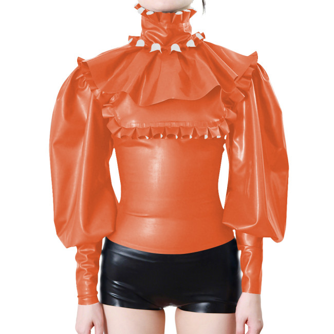 Elegant Ruffle Trimmed Long Sleeves Women's Blouse Raves Party Frill Turtleneck Slim PVC Vinyl Leather Shirts Halloween Costume