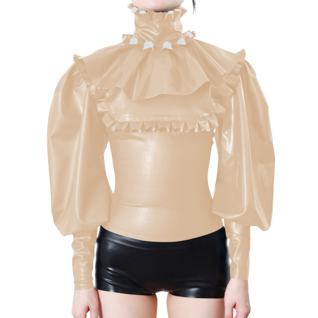 Elegant Ruffle Trimmed Long Sleeves Women's Blouse Raves Party Frill Turtleneck Slim PVC Vinyl Leather Shirts Halloween Costume