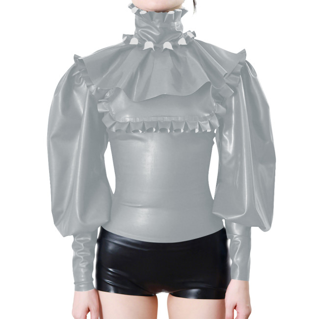 Elegant Ruffle Trimmed Long Sleeves Women's Blouse Raves Party Frill Turtleneck Slim PVC Vinyl Leather Shirts Halloween Costume