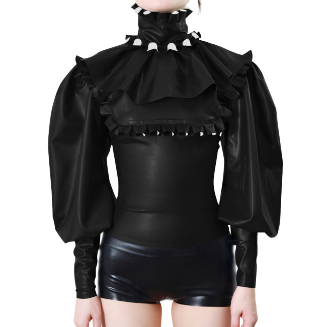 Elegant Ruffle Trimmed Long Sleeves Women's Blouse Raves Party Frill Turtleneck Slim PVC Vinyl Leather Shirts Halloween Costume
