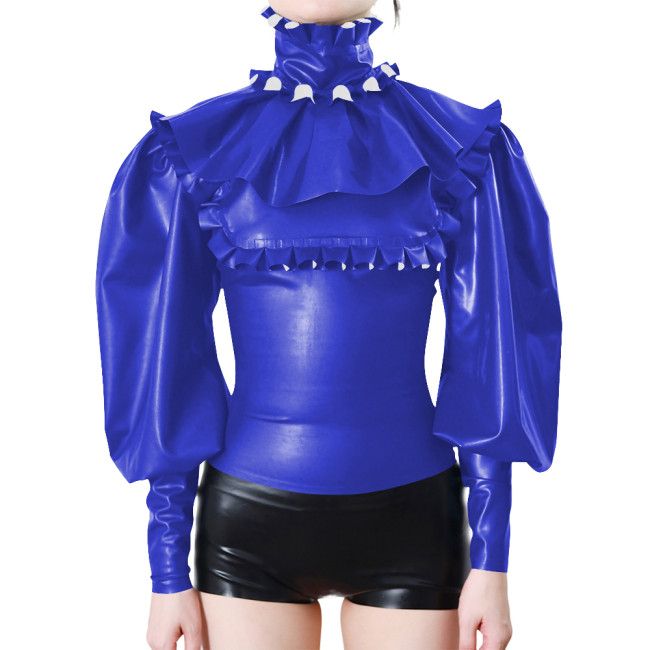 Elegant Ruffle Trimmed Long Sleeves Women's Blouse Raves Party Frill Turtleneck Slim PVC Vinyl Leather Shirts Halloween Costume