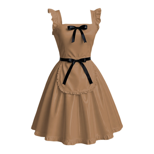 Anime Maid Cosplay A-line Dress Sissy Sexy Suspender Lolita Maid Dress Outfits Glossy PVC Leather Retro Maid Apron Fancy Dress