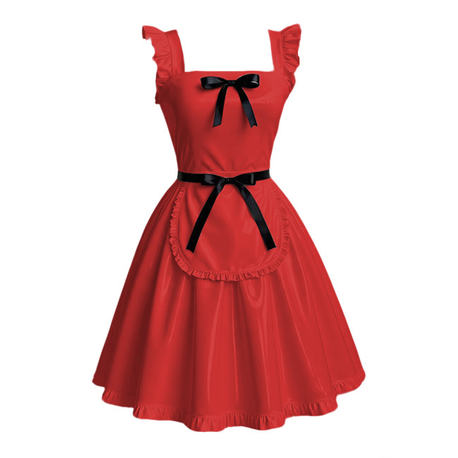 Anime Maid Cosplay A-line Dress Sissy Sexy Suspender Lolita Maid Dress Outfits Glossy PVC Leather Retro Maid Apron Fancy Dress