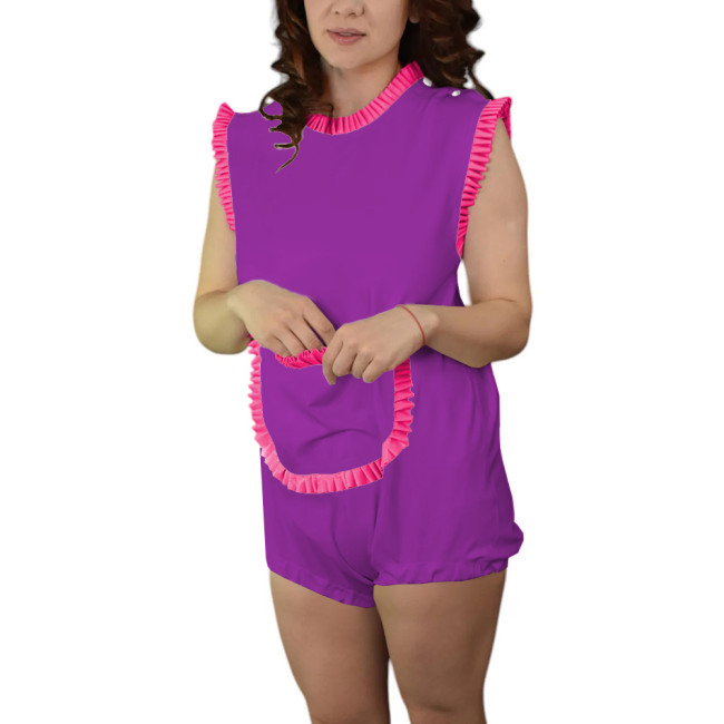Adult Baby Sleeveless Rompers Glossy PVC Leather Ruffles Trimming Bodysuit Sissy Pocket Onesie Shoulder Snaps Cosplay Catsuit