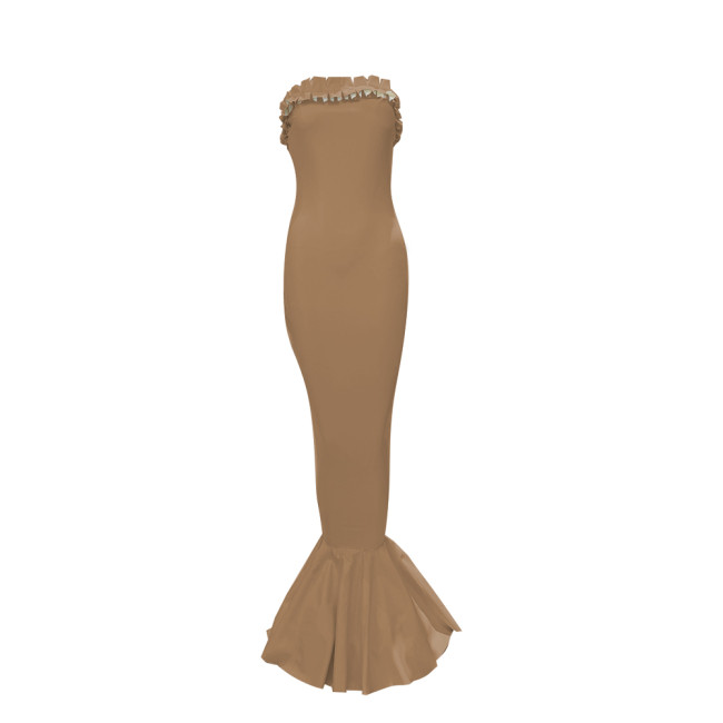 Wet Look Ruffle Trim Off Shoulder PVC Mermaid Dress Elegant Formal Maxi Evening Gown Sexy Strapless Sleeveless Tight Long Dress