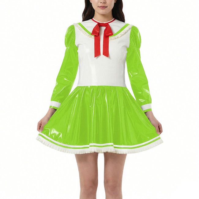 New College Style Cosplay A-line Dress Vinyl PVC Leather Long Sleeves Short Pleated Dress Halloween Maid Sailor Dress Outfits