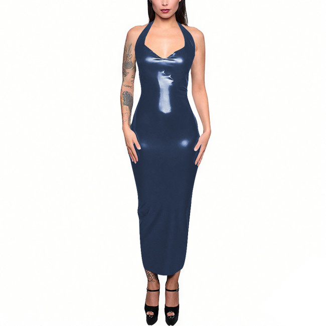 Evening Wetlook Halter Sleeveless Sexy Maxi Dress Women Sexy Slim Back Zipper Split Long Dress Female Club Party Pencil Dresses