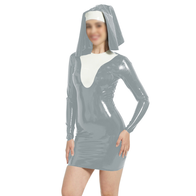Womens Nun Cosplay Mini Dress with Headwear Vinyl PVC Leather Long Sleeve Slim Dress for Halloween Theme Parties Novelty Outfits
