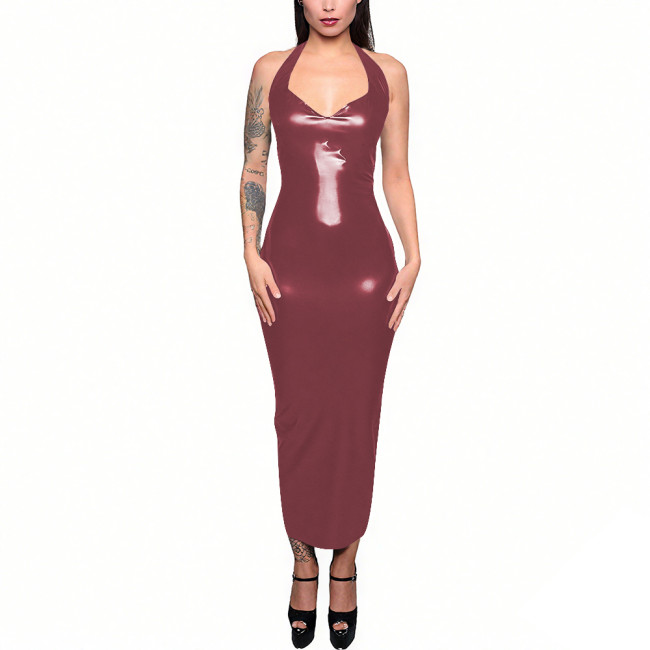 Evening Wetlook Halter Sleeveless Sexy Maxi Dress Women Sexy Slim Back Zipper Split Long Dress Female Club Party Pencil Dresses