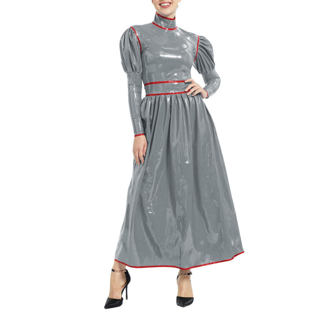 Women's High Neck Long Pleated Dress Puff Long Sleeve Zipper Back PVC Shiny Dress Elegant Formal Party Robe Wet Look Vestidosigh Waist Belted A-line Dresses