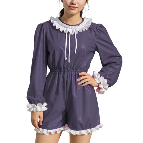 Womens Plus Size Party Puff Long Sleeve Rompers Ruffles High Waist Contrast PVC Leather Bodysuits Sissy Cosplay Short Jumpsuit