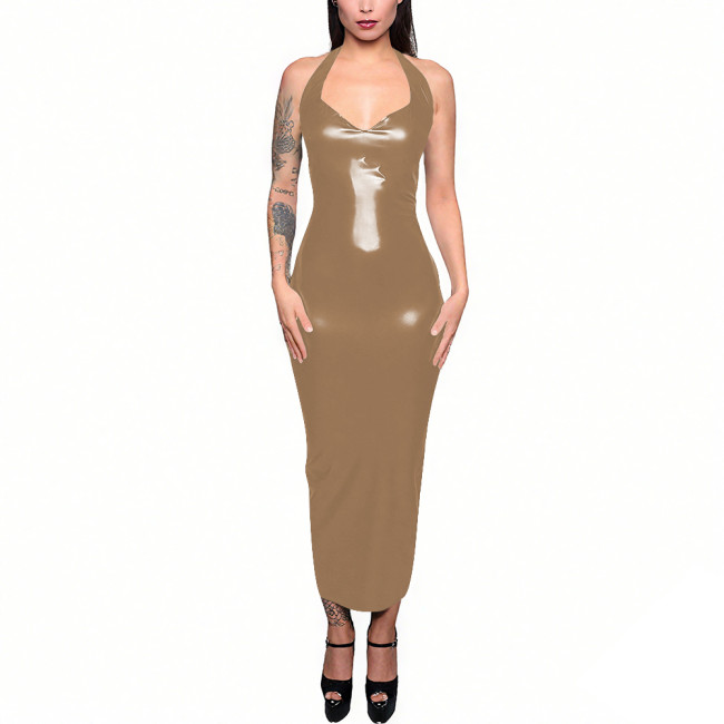 Evening Wetlook Halter Sleeveless Sexy Maxi Dress Women Sexy Slim Back Zipper Split Long Dress Female Club Party Pencil Dresses