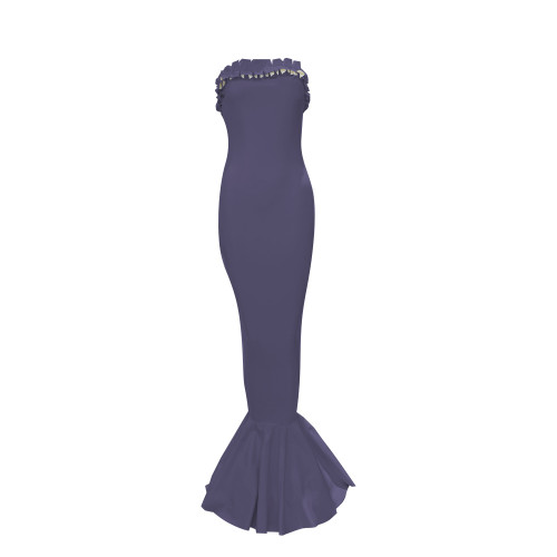 Wet Look Ruffle Trim Off Shoulder PVC Mermaid Dress Elegant Formal Maxi Evening Gown Sexy Strapless Sleeveless Tight Long Dress