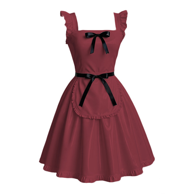 Anime Maid Cosplay A-line Dress Sissy Sexy Suspender Lolita Maid Dress Outfits Glossy PVC Leather Retro Maid Apron Fancy Dress